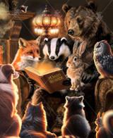  Close up of woodland animals gathered in a cozy room by a glowing fireplace. A bear sits in a leather armchair holding a book titled Human Behavior, while a badger and rabbit perch on his lap. Nearby, a fox, dog, raccoon, squirrel, and owl crowd around, leaning in with curious expressions as they study the book together. 