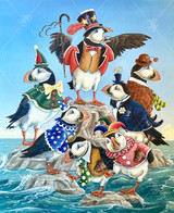  Close up of seven puffins are standing on rocky outcrops in the ocean, each dressed in circus-style costumes. A ringleader stands on the tallest rock with wings spread, pointing toward a distant ship. 