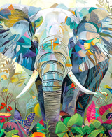  Close up of a majestic elephant standing amid lush green jungle foliage, with two colorful birds perched nearby. 