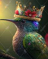  Close up of a hummingbird perched on a branch, wearing a gold crown decorated with red blossoms. The bird’s feathers and wings are adorned with sparkling jewel-like details and glitter. 