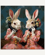  Whimsical scene of two white rabbits standing side by side, dressed in pink floral Victorian-style dresses, holding phones to their ears that bloom with flowers. 