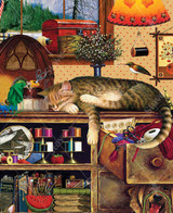  Close up of  a cozy crafting scene of a bookshelf filled with books and sewing needles, surrounded by spools of thread and soft fabrics. An orange cat naps on the top shelf, while two curious cats peek out from behind fabric. Below, a dog sits beneath an open drawer overflowing with colorful yarn. 