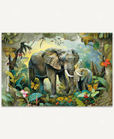  Mother elephant walking with her calf through a lush jungle, surrounded by dense foliage and fluttering butterflies. 