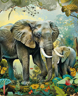  Close up of a mother elephant walking with her calf through a lush jungle, surrounded by dense foliage and fluttering butterflies. 