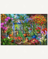  Peacock and white doves inside a sunlit greenhouse with glowing stained glass windows, surrounded by vibrant tropical flowers and orange trees. 