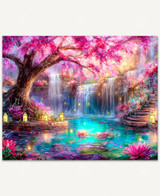  A serene, dreamlike landscape with cherry blossom trees, gentle waterfalls flowing into a clear blue pool, and glowing golden lamps reflecting on the water. 