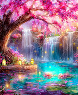  Close up of a serene, dreamlike landscape with cherry blossom trees, gentle waterfalls flowing into a clear blue pool, and glowing golden lamps reflecting on the water. 