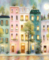  Close up of a quiet nighttime street scene with wet cobblestone roads reflecting soft pastel-colored buildings. Warm street lamps cast a gentle glow, creating a dreamy, peaceful atmosphere. 