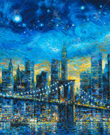  Close up of an evening view of New York City under a starry night sky with the Brooklyn Bridge spanning the water, and city lights reflecting on the water. 