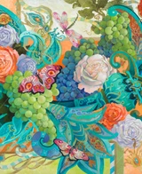  Close up of a richly detailed floral illustration featuring cream, peach, and lavender roses intertwined with clusters of green and purple grapes. Framed by sweeping teal and gold paisley-inspired patterns. 
