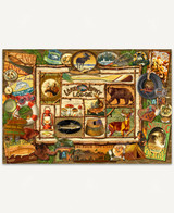  Outdoor-themed collage featuring a central branch-framed sign reading “Lake Loony Lodge,” surrounded by wildlife, exploration items, fishing signs, and nature motifs. 