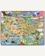  Patriotic map of the United States featuring all 50 states along with the U.S. Virgin Islands and Puerto Rico, each highlighted with iconic landmarks, symbols, and regional treasures. A majestic eagle flies above the map carrying a banner that reads “United States of America." 