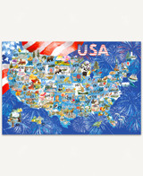  Patriotic map of the United States featuring all 50 states, each illustrated with iconic landmarks, symbols, and attractions associated with that state. An American flag waves in the upper left corner. Colorful fireworks burst across the sky above a blue backdrop. 