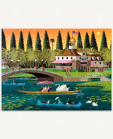  Swan Sunday depicts a waterfront scene featuring a long wooden boat with a red-and-white striped canopy carrying vintage-dressed passengers across a lily pad-covered river. A stately stone building with striped awnings, a golden-domed cupola, an American flag, and two peacocks overlooks the water. A large stone bridge leads to a distant gazebo, creating a charming folk art portrait of bygone Americana. 