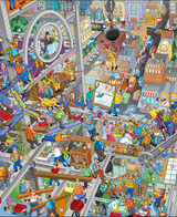  Close up of a humorous cartoon illustration of a chaotic skyscraper construction site filled with workers balancing on steel beams, giant gears, and girders. Welders, emergency responders, curious animals, and bystanders create comical scenes throughout the busy site, with a colorful city skyline stretching into the background. 
