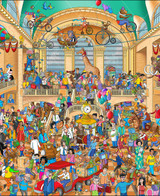  Close up of a humorous cartoon illustration of a bustling train station inspired by Grand Central Terminal, filled with quirky travelers, animals, and historical characters. Tightrope riders pedal bicycles high above the concourse. Below, an overloaded luggage cart rolls through the crowd as passengers wait for delayed trains. 