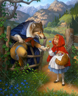  Close up of Little Red Riding Hood holds a basket of goodies beside a weathered wooden fence as a curious wolf offers her a blue flower. 