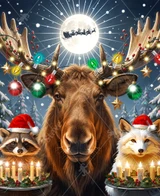  Close up of a majestic moose wearing colorful Christmas lights and ornaments on its antlers, standing between a raccoon and Arctic fox dressed in Santa hats and carrying trays of candles and holly berries. 