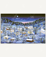  Puzzle featuring the artwork "Northern Moonlight" by Kathy Jakobsen, portraying a snow-covered small town under moonlight, with glowing streetlights, children playing, horses in a stable and pulling a sleigh, and deer in the background woods. 