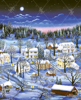  Close up of a puzzle featuring the artwork "Northern Moonlight" by Kathy Jakobsen, portraying a snow-covered small town under moonlight, with glowing streetlights, children playing, horses in a stable and pulling a sleigh, and deer in the background woods. 