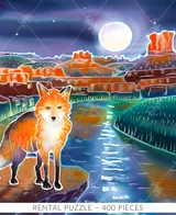  Close up of Night On The Town wooden jigsaw puzzle revealing a night scene of a fox standing on the side of a cliff by a river that flows through the land with plateaus stretching up towards the glowing moon in the background. 