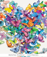  Close-up of Wildheart wooden jigsaw puzzle capturing a heart shape formed by colorful butterflies. 
