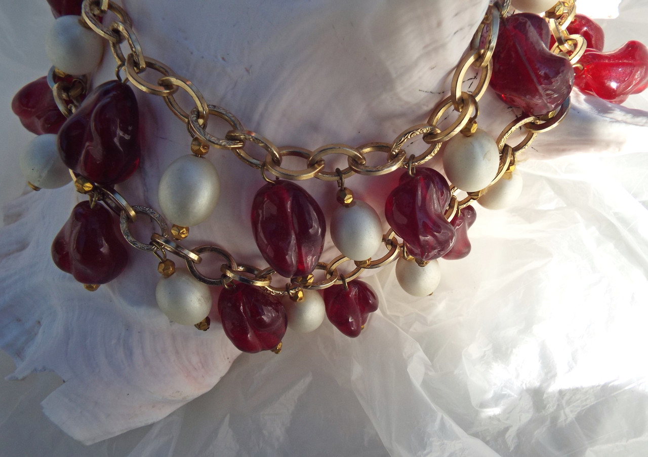 Vintage French Poured Glass Red Beads Swag Necklace Faux Pearls