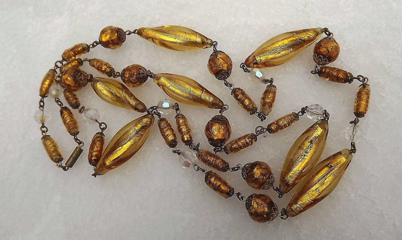 Rare French Louis Rousselet Gold Foil Glass Beads Necklace 44 Long Stunning