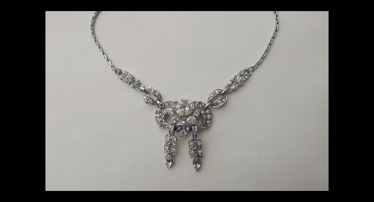 Vintage Coro Art Deco Rhinestone Paste Necklace Silver Rhodium