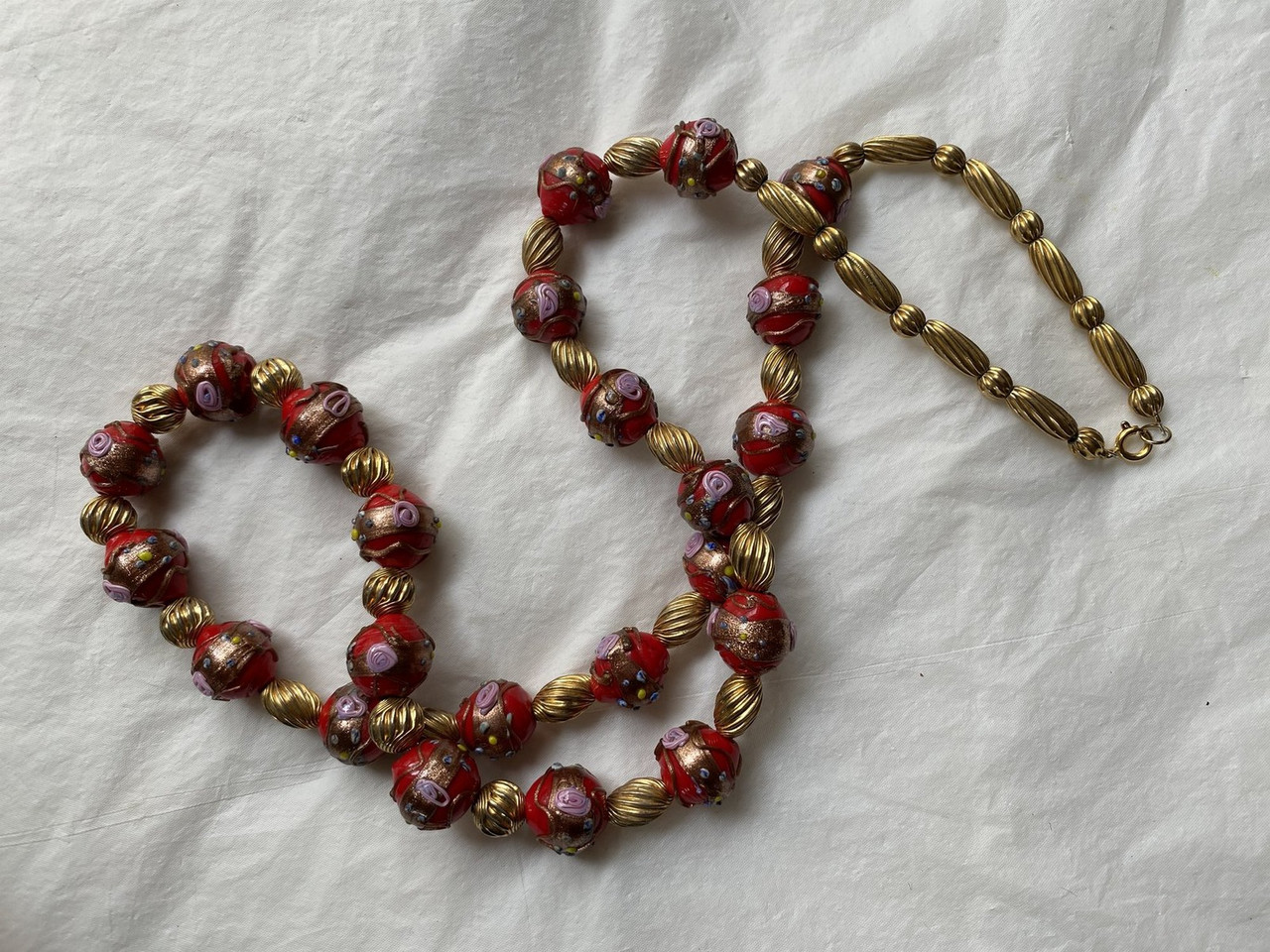 Vintage Venetian Glass Red Wedding Cake Beads Necklace 1950's Murano Long  Necklace + Elongated Gold Twist Ribbed Beads