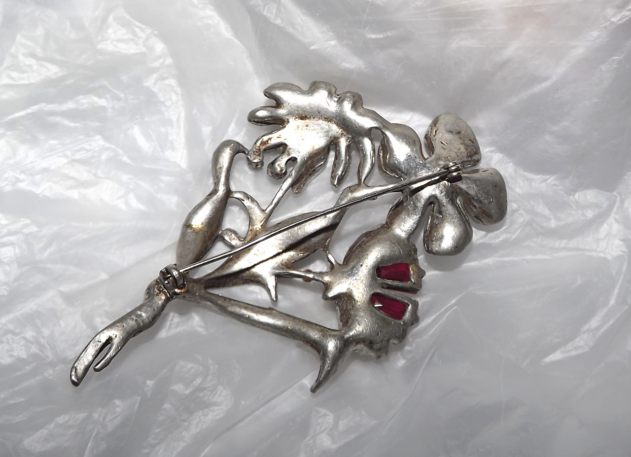 Art Deco Flower Spray Pin, Ruby Glass, Paste Stones, Pave Rhinestones ...