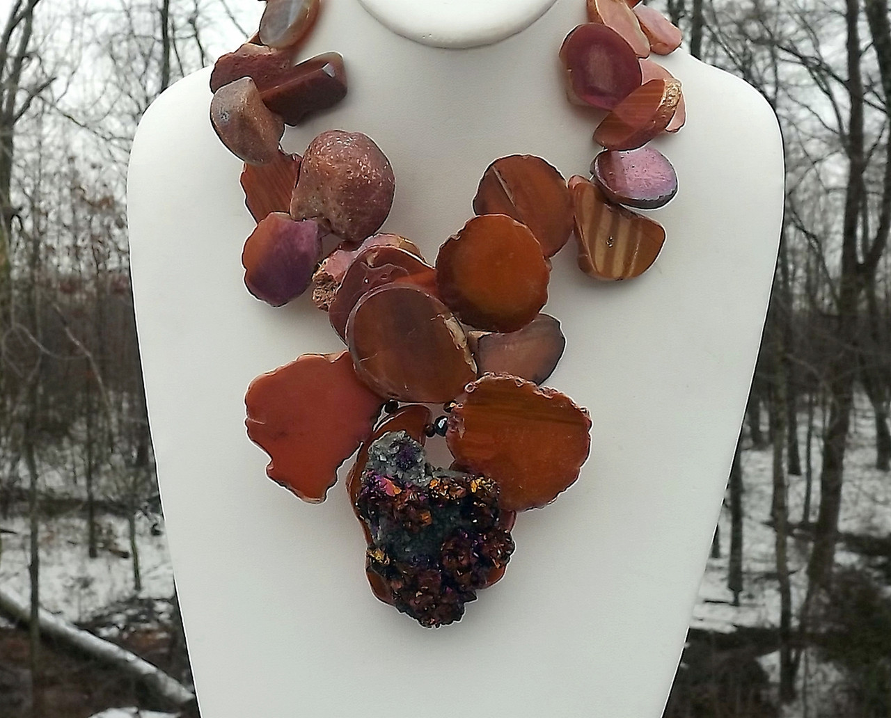 GEMSTONE STATEMENT NECKLACE TITANIUM COPPER FLASH AGATE SLAB