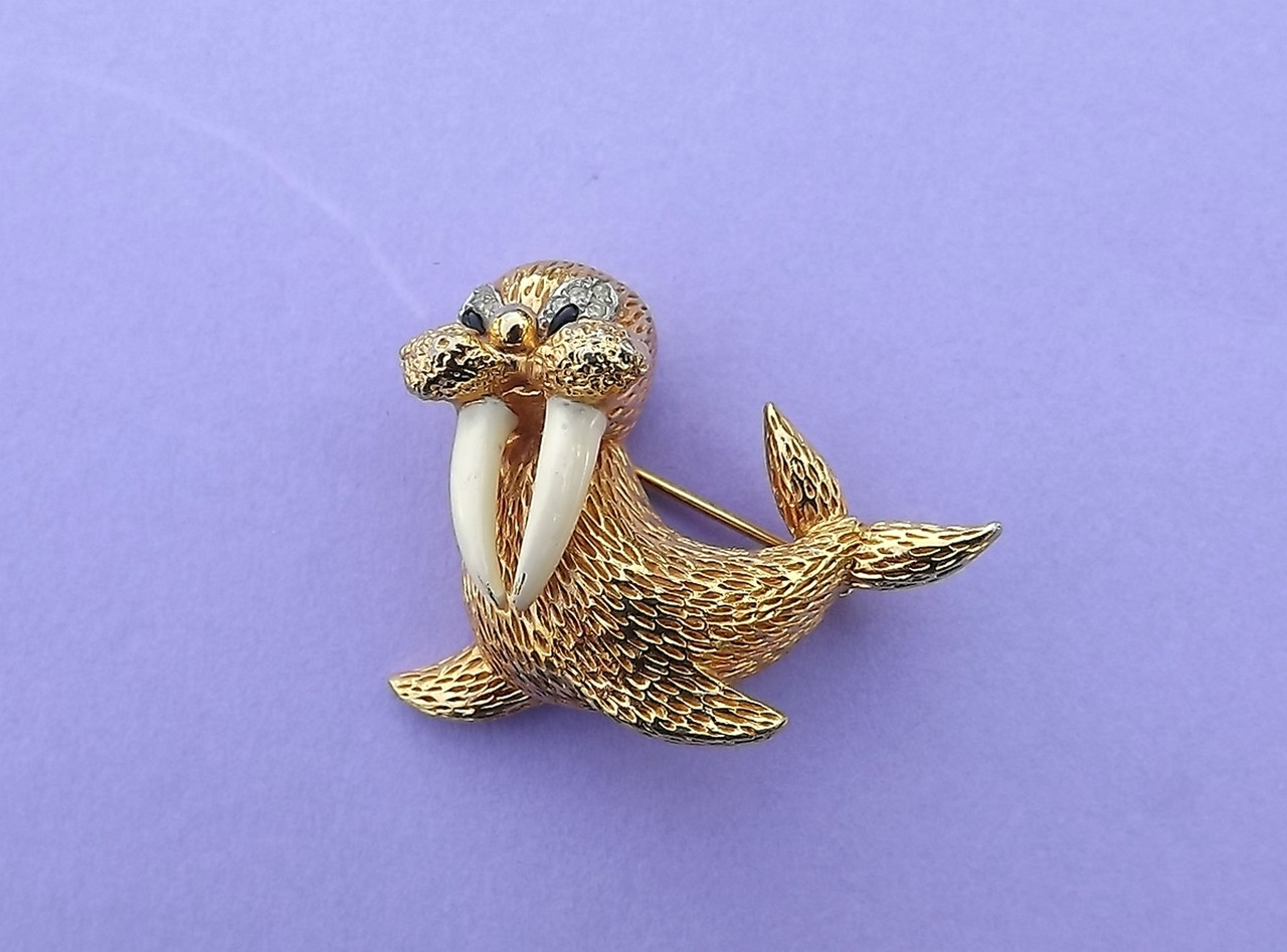 Vintage Happy JOMAZ Gold Walrus Pin Rhinestones Enamel Tusks Adorable Brooch