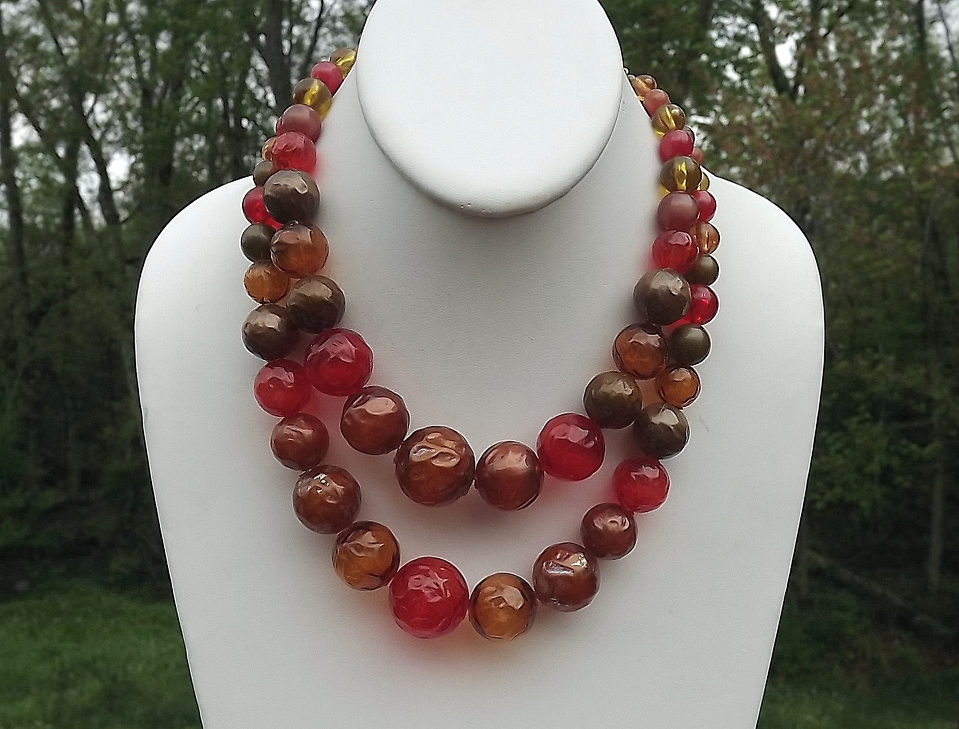 Vintage Red Plastic Beads Necklace + White Beads, 30 " Long, Glossy