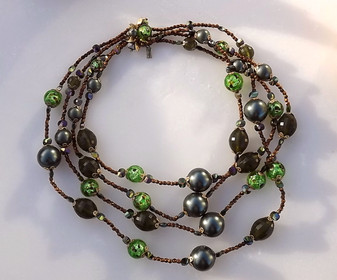 Vendome Green Foil Glass Beads Necklace + Pearl lucite, & Tiny Bronze Beads, Gardenesque, Jeweled Clasp, Old Costume Jewelry