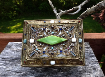 Rare Jeweled Ormolu Box Austria Ornate With Big Diamond Shaped Jade Glass Stone