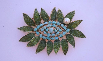 Swoboda Gem Turquoise Peridot & Pearl Brooch Large Pin Unsigned