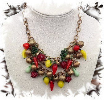 Vintage Glass Fruit Necklace Fruit Salad Tutti Frutti Colorful Garden Bib