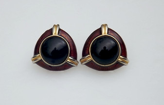 Vintage Donald Stannard Brown Guilloche Enamel Earrings Big Black Glass Cabochon