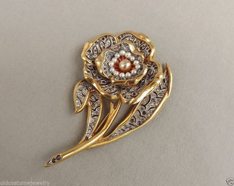 ART DECO EISENBERG FLOWER PIN PASTE STONES ENAMEL ON GOLD GLASS  PEARLS