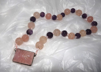 Art Deco Chinese Carved Amethyst & Rose Quartz Shou Bead Necklace Sterling Silver Old Costume Jewelry