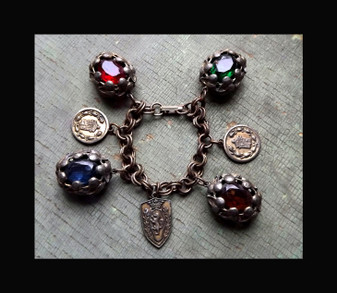 1930's Huge Charms Charm Bracelet Chunky Heavy Victorian Revival Glass Stones Leaves Coat Of Arms Shields