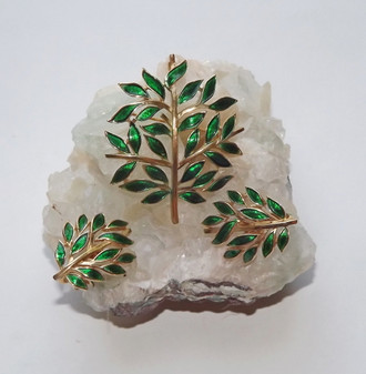 Vintage Trifari Tree of Life Pin Earrings Set Green Enamel leaves Christmas Brooch Too!