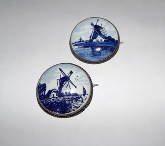 Antique Victorian Dutch Windmill Delft  Blue Porcelain Sterling Silver Brooch Pins Pair