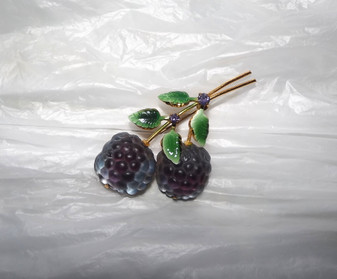 Austria Fruit Pin  Double Blackberry Glass Fruits Enamel Leaves Beautiful!