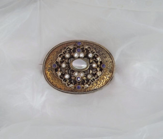 Austro Hungarian Etruscan Revival Victorian Brooch Paste Stones Glass Pearl Cab