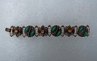 Victorian Revival Ornate Book Link Bracelet, Glass Chrysoprase Cabs, Rhinestones, Czech Hungarian