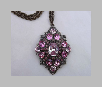 Vintage Czech Pendant Sapphire Pink Rhinestones Embossed Links Chain  Gorgeous Necklace