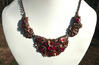 Vtg Wide RED CZECH Necklace~ORNATE METAL Work~Pot Metal & BRASS ~3 Panel Design