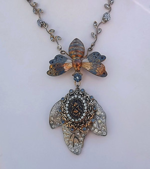 ELLEN ORIGINAL Art Deco Necklace~Enamel MOTH Carrying Rhinestone JEWELED LEAF